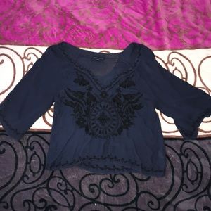 Navy blouse with black embroidery, American Eagle